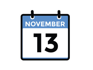 
13 November, calendar date icon. 13 November Calendar Date for Deadlines or Appointment. Day, month. vector illustration.
