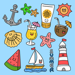 여름 바다 아이템 라인드로잉 표정 캐릭터(summer beach items line drawing emoticon character)