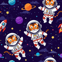 Cute tiger astronauts in space, seamless pattern for kids' apparel, fabric, and wallpaper.