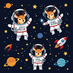 Adorable deer astronauts in space: perfect for children's books, apparel, or websites.