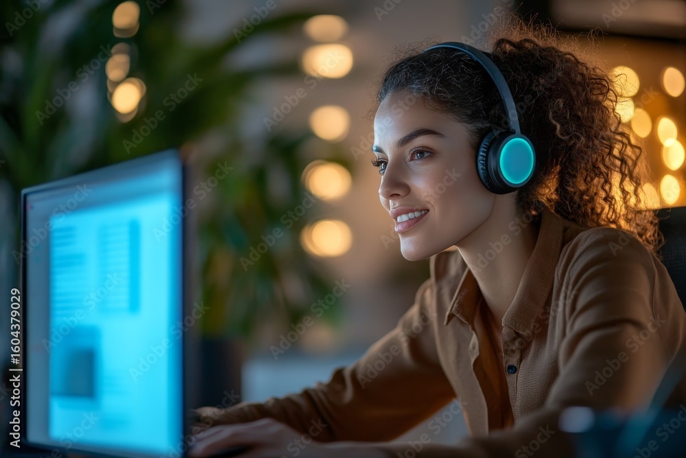 Poster freelancer working from home in a cozy office, using a headset and computer for projects.