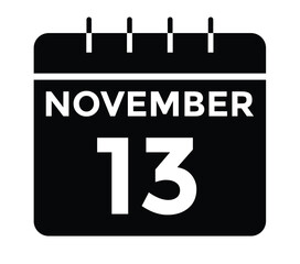 
13 November, calendar date icon. 13 November Calendar Date for Deadlines or Appointment. Day, month. vector illustration.
