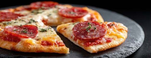 Delicious slices of cheesy meat pizza on a black background with fresh basil leaves for added flavor and appeal