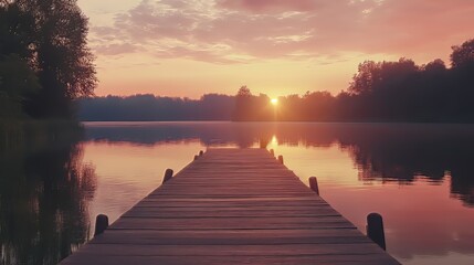 Wooden jetty on a calm lake at sunset