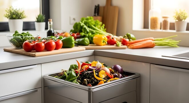 Compost bin with vegetable food scraps in the kitchen