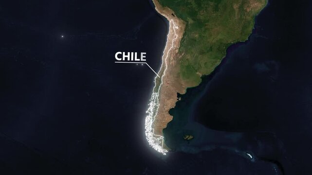 Zoom from Earth to Chile. Glow outline map animation satellite view with highlighted country borders. Cinematic documentary 3d world map animation highlights aerial views, tourism, and travel. 4k