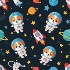 Cute astronaut dogs and space elements seamless pattern for kids' textile, wallpaper, or wrapping paper.