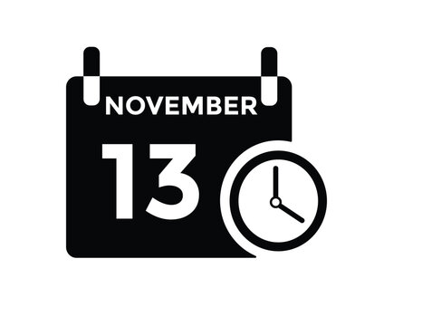 
13 November, calendar date icon. 13 November Calendar Date for Deadlines or Appointment. Day, month. vector illustration.
