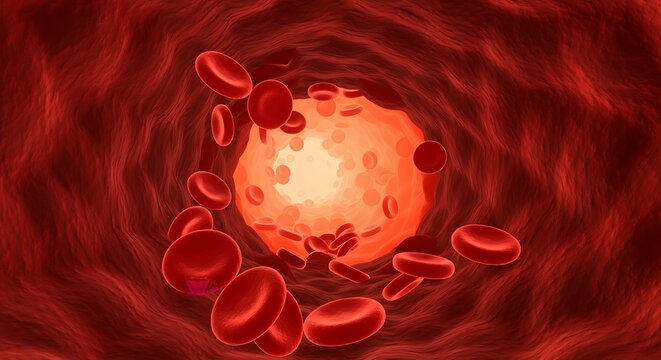 Red blood cells flowing through a blood vessel microscopic view of human circulatory system for medical and scientific research applications and health content