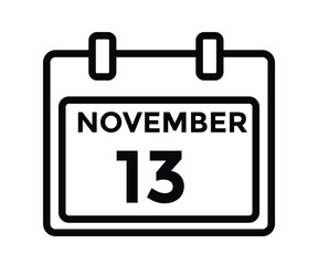 
13 November, calendar date icon. 13 November Calendar Date for Deadlines or Appointment. Day, month. vector illustration.
