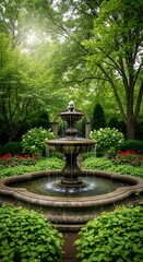 Ornate fountain in a lush garden setting.