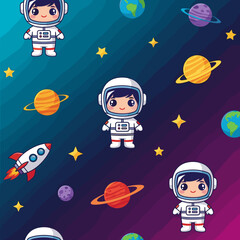 Cute Astronaut Seamless Pattern: Perfect for kids' products, space-themed designs, or website backgrounds.