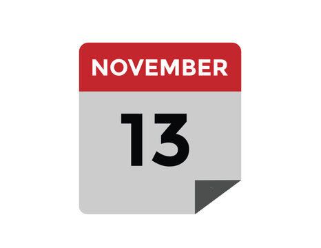 
13 November, calendar date icon. 13 November Calendar Date for Deadlines or Appointment. Day, month. vector illustration.
