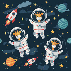 Cute giraffes in spacesuits floating in space, perfect for children's books, textiles, or websites.