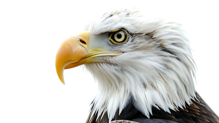 Close up portrait of a bald eagle with a sharp yellow beak and intense gaze to the side isolated with white background