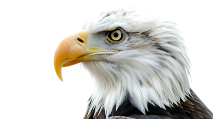 Close up portrait of a bald eagle with a sharp yellow beak and intense gaze to the side isolated with white background