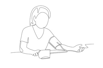 Women checking her blood pressure concept one-line drawing