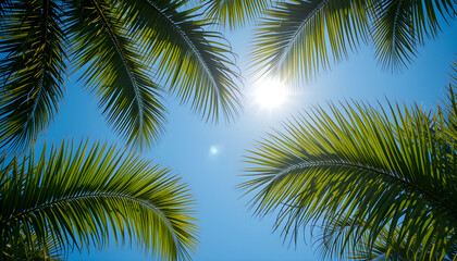 Naklejka premium Looking Up Through Tropical Palm Leaves Towards A Bright Sunlit Sky On A Clear Day