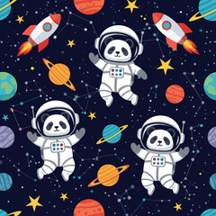 Adorable panda astronauts floating in space, perfect for children's books, textiles, or websites.