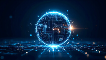 Glowing circuit board orb illustrates modern technology and digital networks