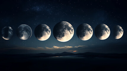 Moon phases at night with stars and dark sky over mountain landscape, peaceful and calm atmosphere