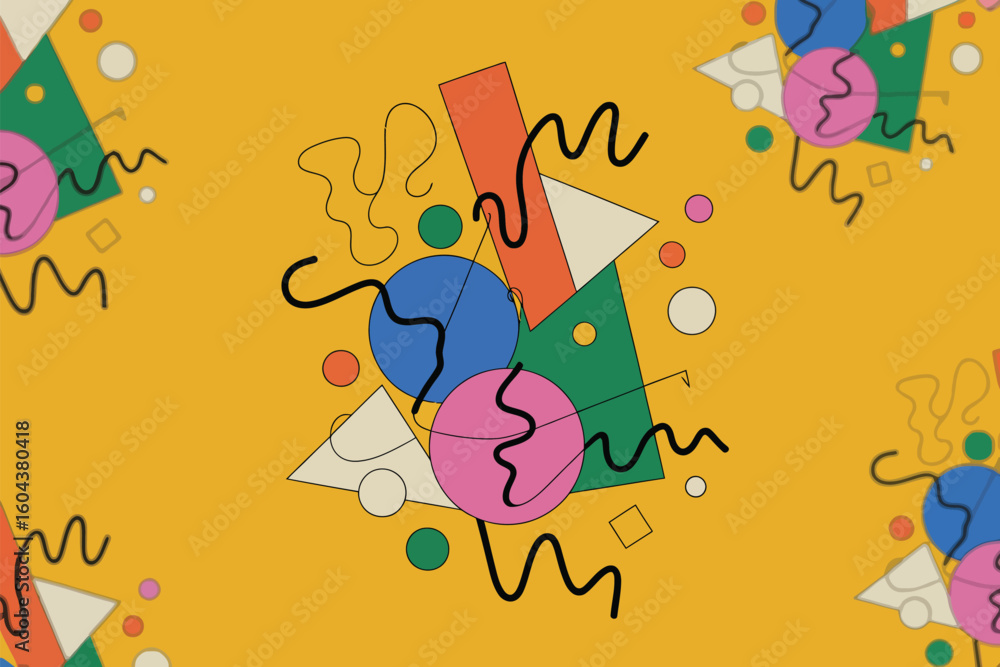 Poster a vibrant seamless pattern featuring geometric shapes and squiggly lines on a yellow background desi