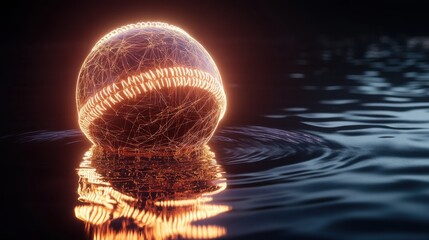 Futuristic glowing baseball over water presenting high tech sport concept