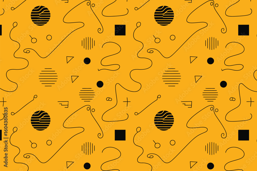 Poster a seamless pattern with geometric shapes and squiggly lines on a golden yellow background is display