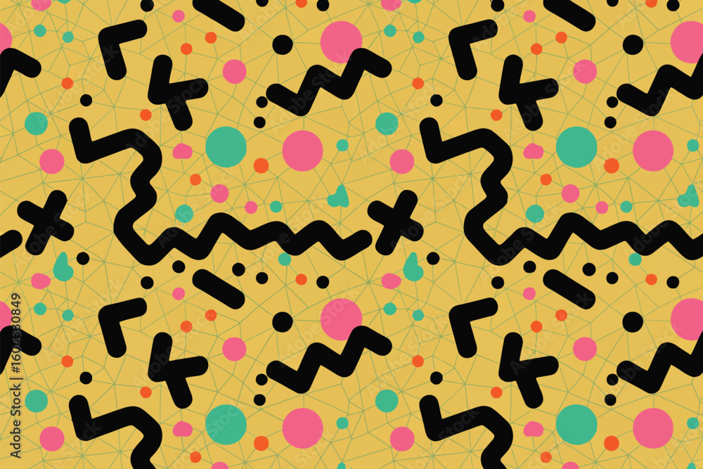 Poster a retro pattern with black geometric shapes and colorful dots on a yellow background with a web like