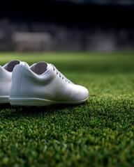White Athletic Cleats on a Green Grass Field in an Outdoor Sports Environment