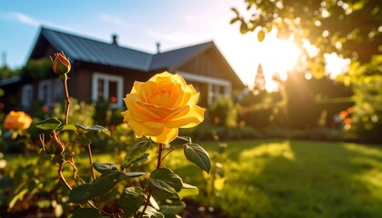 Sunny garden with vibrant yellow rose