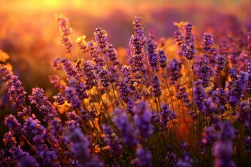 Naklejka premium Lavender field blooms at sunset, peaceful countryside view, nature background usage
