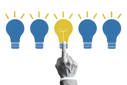 Black and white hand turns on a lightbulb. Modern collage style. Illustration on transparent background