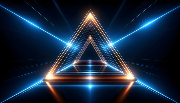 Glowing triangle abstract background with perspective light beams and symmetry