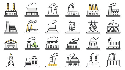 Collection of 25 different power plant line icons separated from each other with cooling tower silhouettes blank background

