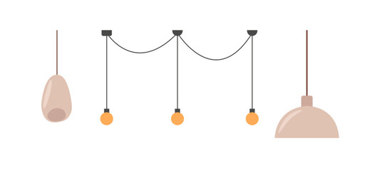 Interior lamp light set. Hanging chandelier and bulb. Simple flat design in minimalistic style for kitchen or living room.