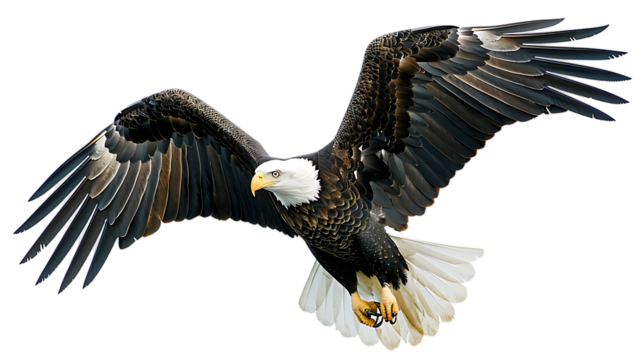 A majestic bald eagle soaring through the air with its wings fully extended in a powerful display of flight isolated with white background