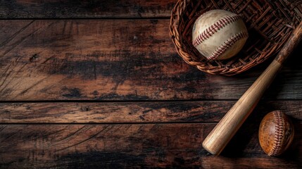 Vintage baseball arrangement with a weathered bat and balls displayed on wood planks