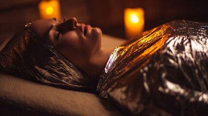 Young woman of Asian descent wrapped in a sauna blanket with candlelight glow, lying peacefully in spa setting, great for wellness, detox, self-care visuals
