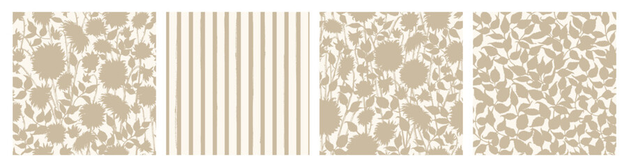 Hand drawn vector dahlia flower, leaves, stripes seamless patterns in light beige color.