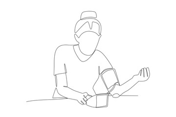 Women checking her blood pressure concept one-line drawing