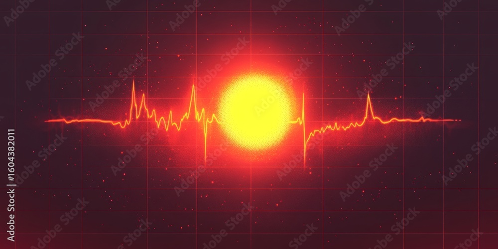 Poster vibrant heart rate visualization on dark red grid with bright glow and trend signal line display.