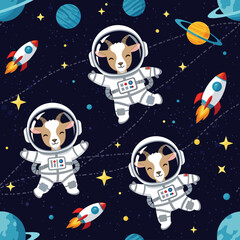 Cute Goats in Space: A whimsical seamless pattern featuring goats as astronauts, perfect for children's products, textiles, or space-themed designs.
