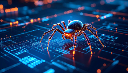 Digital spider over circuit board high tech network concept illustration