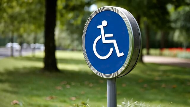 Accessible park sign indicates wheelchair access in a serene green setting surrounded by trees and flowers