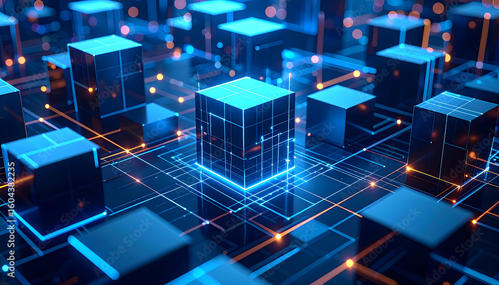 Aufkleber abstract network of connected glowing cubes represents technology and data