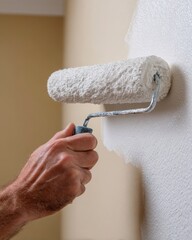 Hand Holding Paint Roller Applying White Paint on Interior Wall During Home Renovation Project