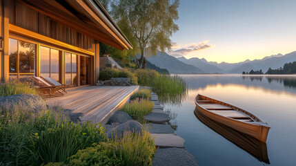 Fototapeta premium Serene lakefront cabin with wooden boat at sunset in summer