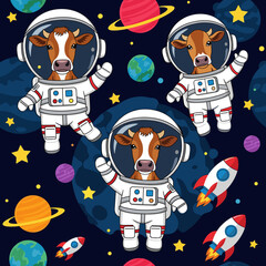 Cute cows in spacesuits floating in space, perfect for children's books, textiles, or websites.