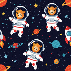Adorable llama astronauts in space: seamless pattern for kids' products, textiles, and space-themed designs.